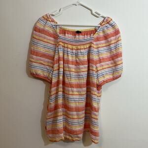 Talbots XL Linen Top Striped Orange Pink Blue Yellow Cute Sleeves Beach Vacation